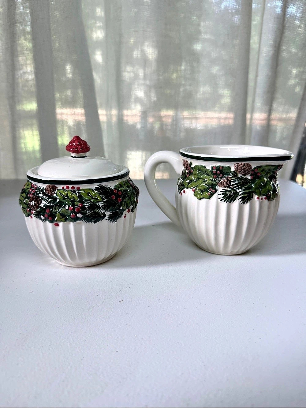 International Bazaar Christmas Holiday Pine Cone Holly Creamer and Sugar Bowl